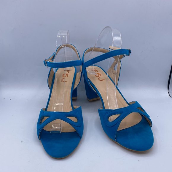 FSJ Women's Blue Ankle Strap Chunky Heel Sandal - Picture 2 of 11